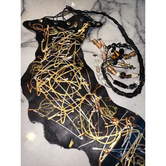 NEW Handmade GENUINE ITALIAN LEATHER Belt Sash Black Gold Silver Beaded OSFA - Picture 5 of 8